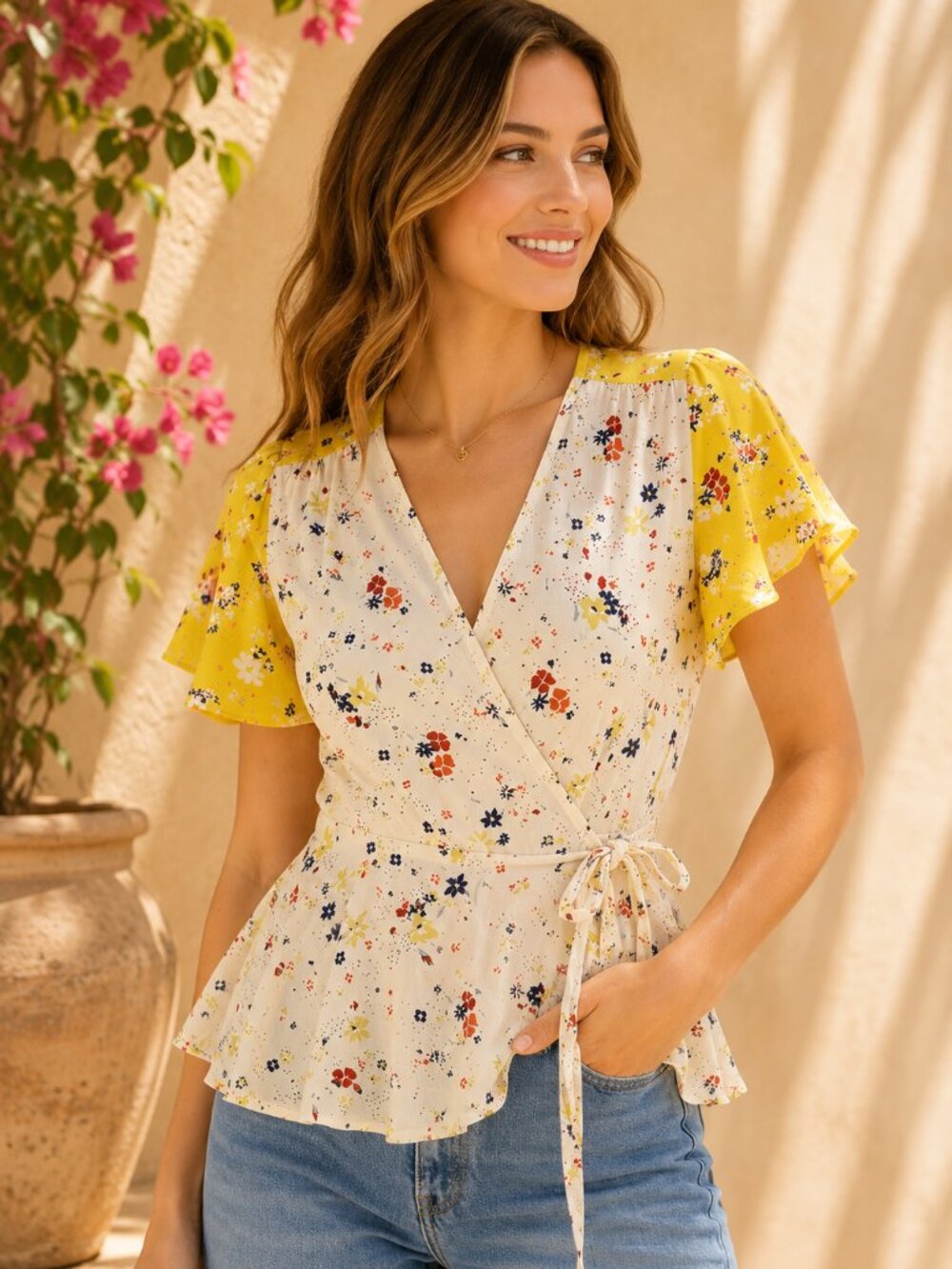 Anthropologie Meadow Rue Floral Wrap Blouse Yellow Cream Flutter Sleeve 2